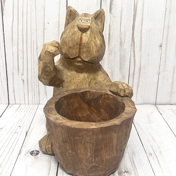 Boho Hand Carved Primitive Wooden Cat Planter or Utensil Holder Rustic Folk Art - Picture 2 of 13
